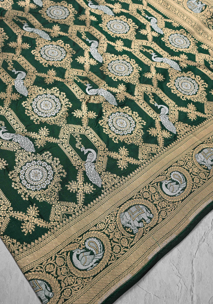 Green Pure Banarasi Katan Silk Saree with Alfi Shikaargah Jaal and Zari Border  | SILK MARK CERTIFIED