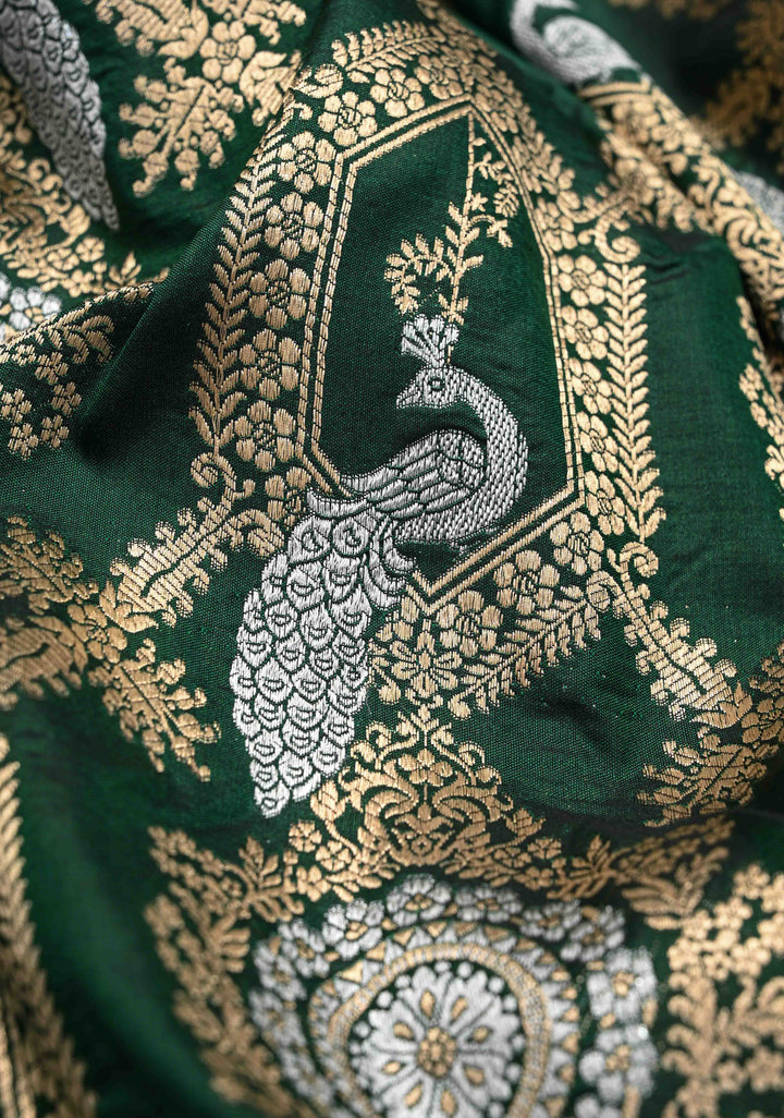 Green Pure Banarasi Katan Silk Saree with Alfi Shikaargah Jaal and Zari Border  | SILK MARK CERTIFIED