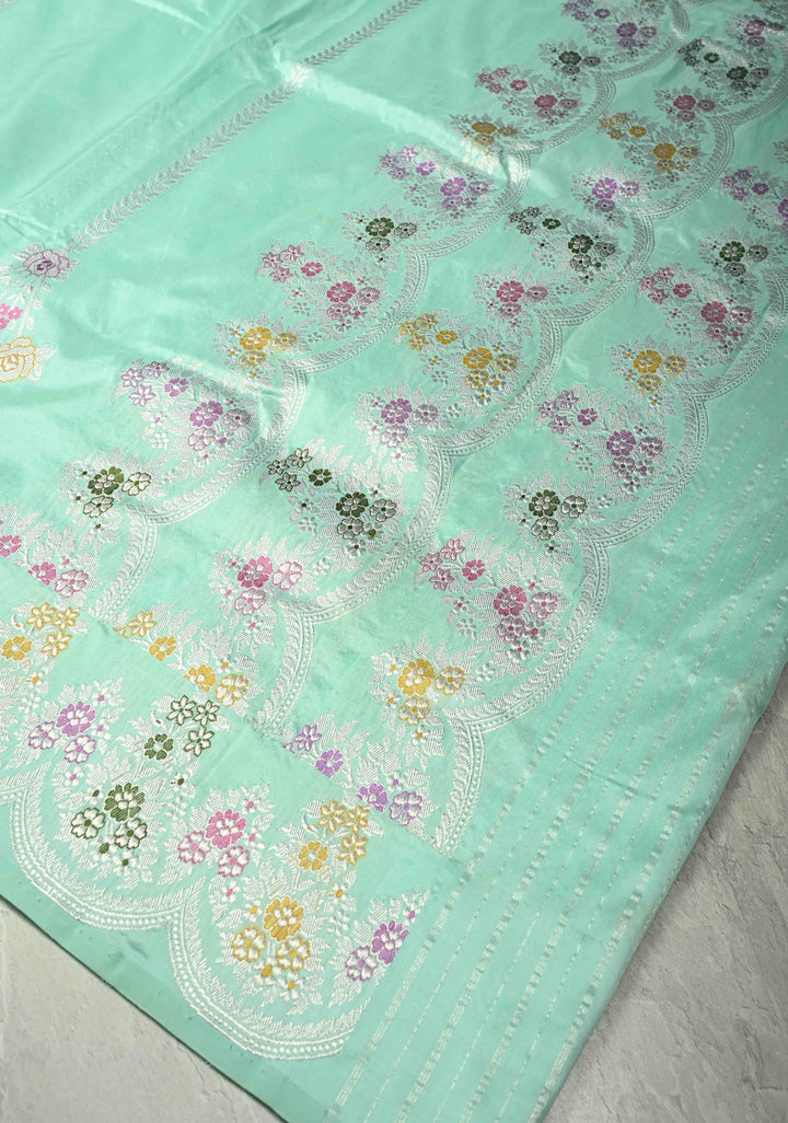 Aqua Blue Pure Banarasi Katan Silk Saree with Meenakari Detailing and Zari Border | SILK MARK CERTIFIED