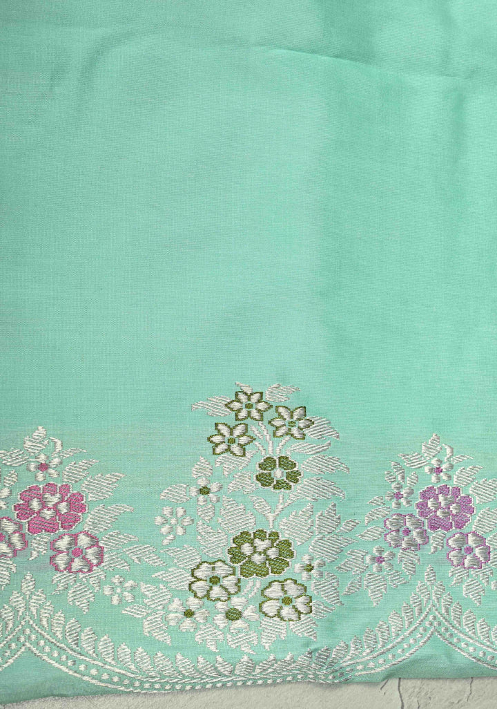 Aqua Blue Pure Banarasi Katan Silk Saree with Meenakari Detailing and Zari Border | SILK MARK CERTIFIED