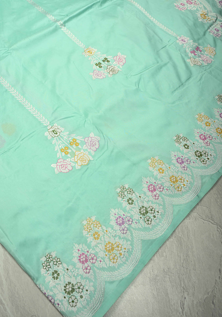 Aqua Blue Pure Banarasi Katan Silk Saree with Meenakari Detailing and Zari Border | SILK MARK CERTIFIED