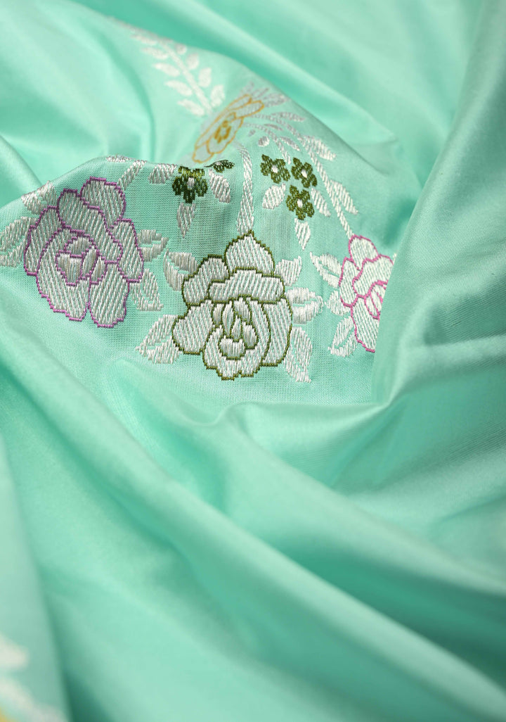 Aqua Blue Pure Banarasi Katan Silk Saree with Meenakari Detailing and Zari Border | SILK MARK CERTIFIED