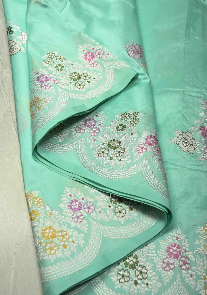 Aqua Blue Pure Banarasi Katan Silk Saree with Meenakari Detailing and Zari Border | SILK MARK CERTIFIED