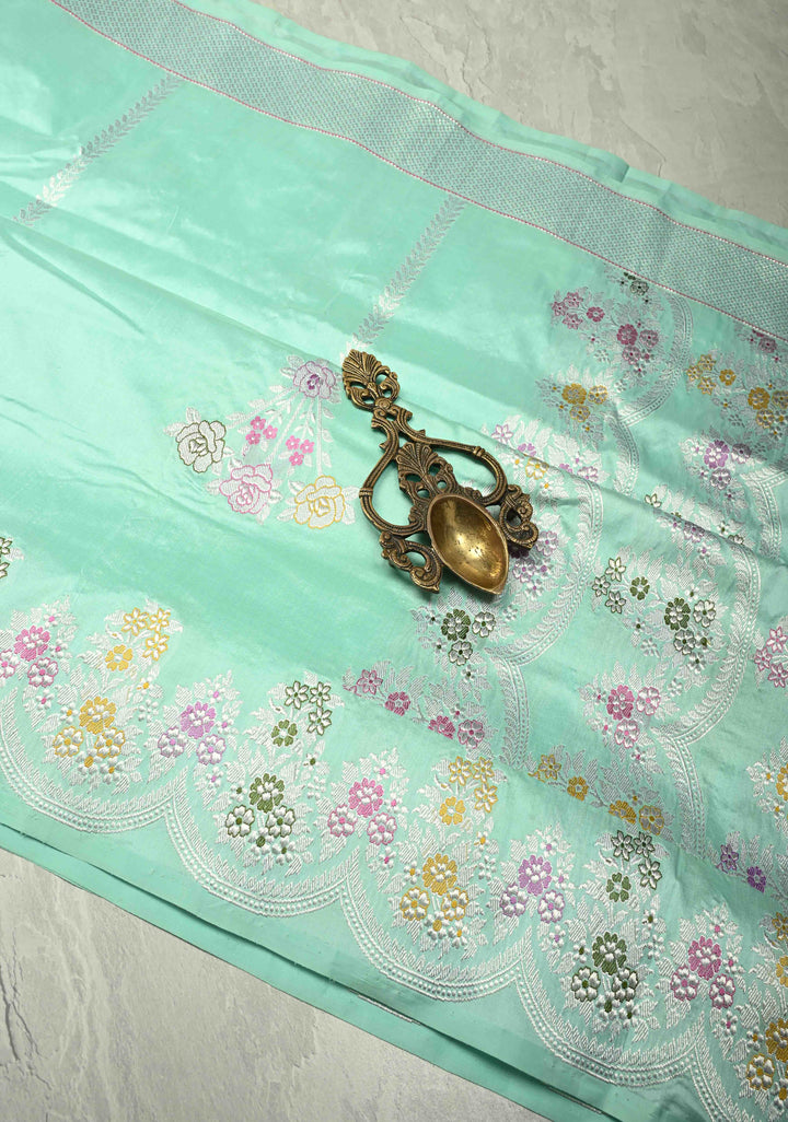 Aqua Blue Pure Banarasi Katan Silk Saree with Meenakari Detailing and Zari Border | SILK MARK CERTIFIED