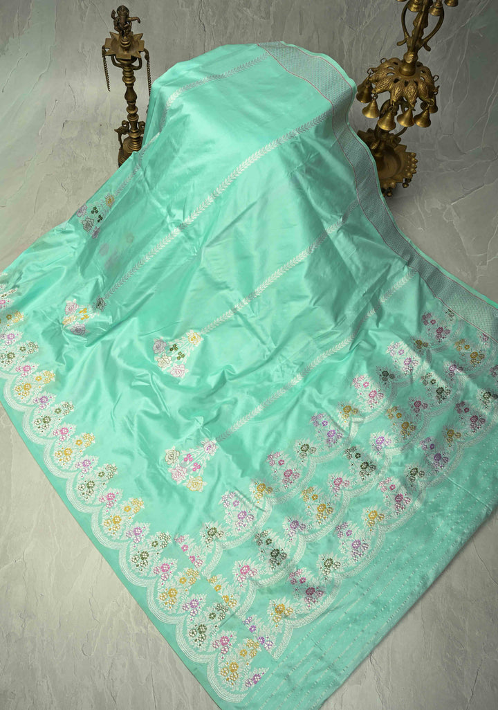 Aqua Blue Pure Banarasi Katan Silk Saree with Meenakari Detailing and Zari Border | SILK MARK CERTIFIED