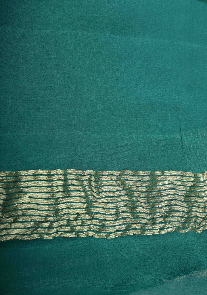 Off white vertical stripes on banarasi georgette Silk saree with turquoise zari border and Pallu | SILK MARK CERTIFIED