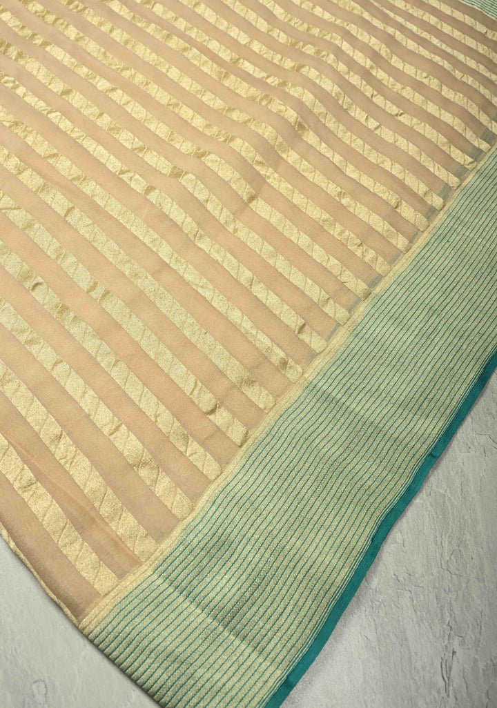 Off white vertical stripes on banarasi georgette Silk saree with turquoise zari border and Pallu | SILK MARK CERTIFIED