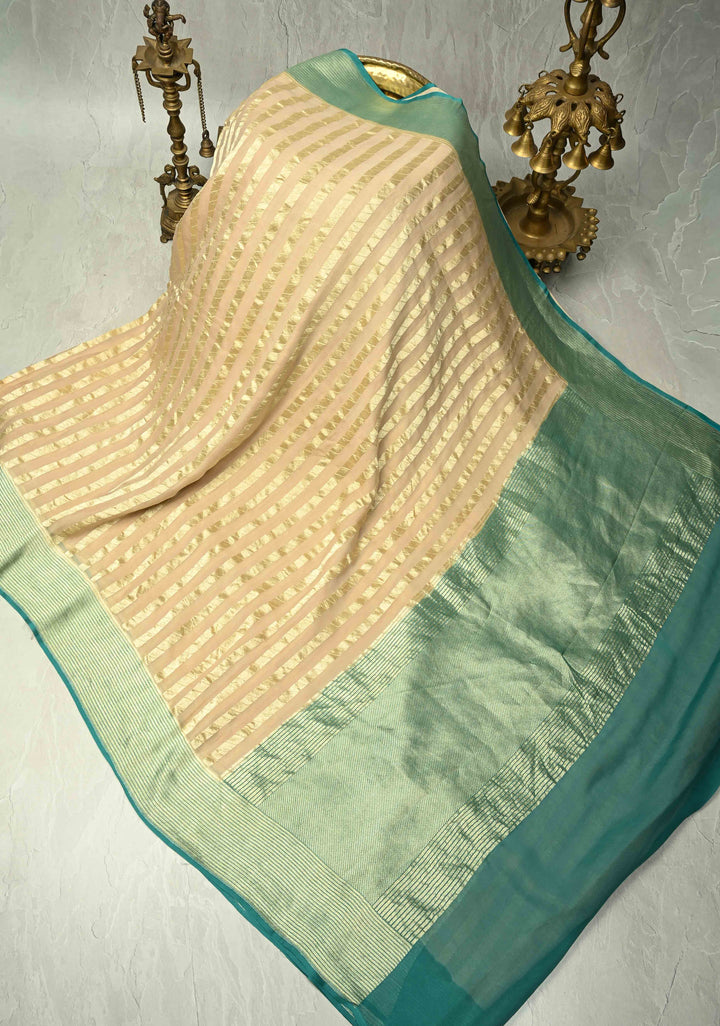 Off white vertical stripes on banarasi georgette Silk saree with turquoise zari border and Pallu | SILK MARK CERTIFIED