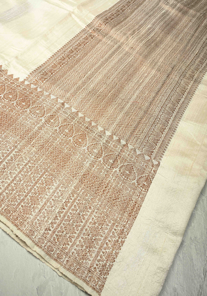 Ivory Raw Silk Saree with Antique Zari Border | SILK MARK CERTIFIED