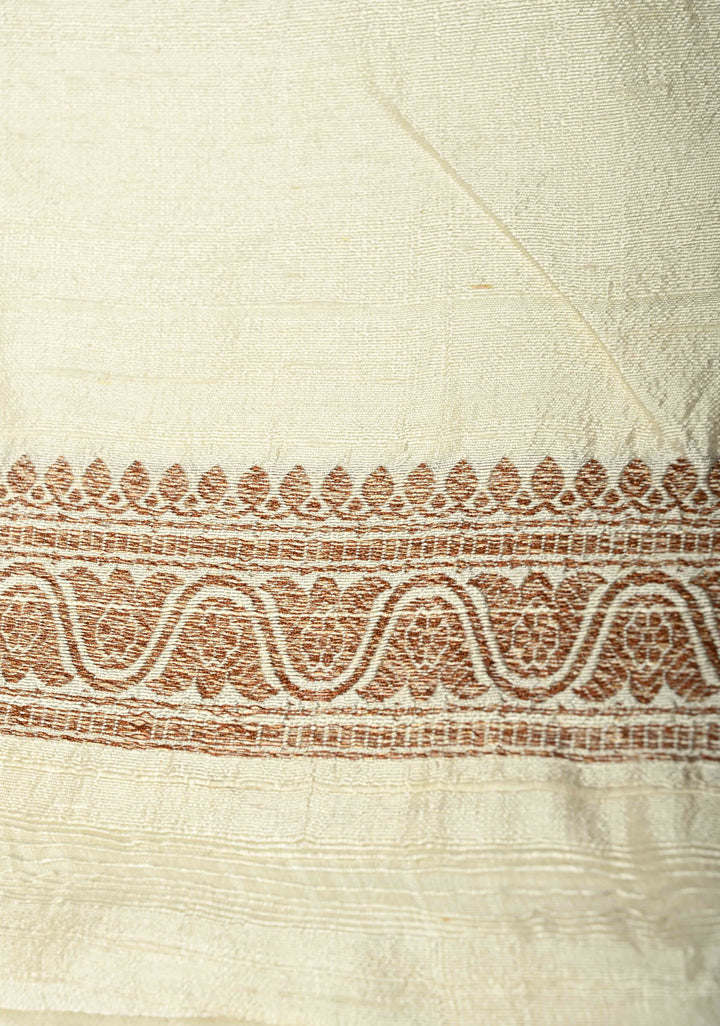 Ivory Raw Silk Saree with Antique Zari Border | SILK MARK CERTIFIED