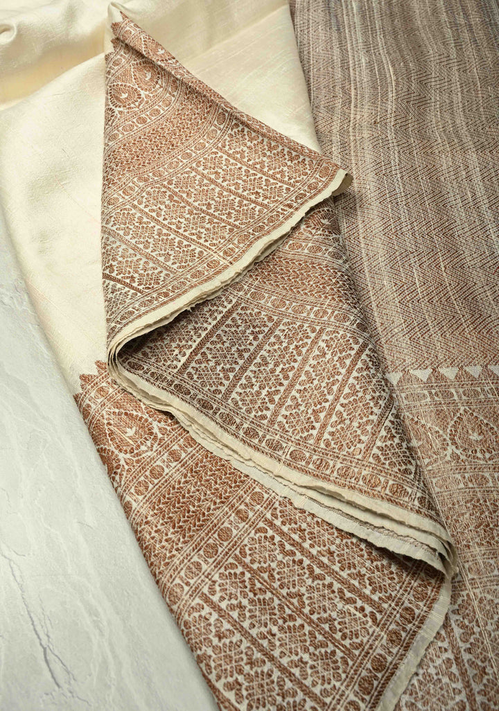 Ivory Raw Silk Saree with Antique Zari Border | SILK MARK CERTIFIED