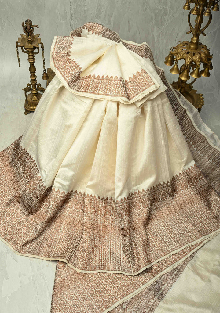 Ivory Raw Silk Saree with Antique Zari Border | SILK MARK CERTIFIED