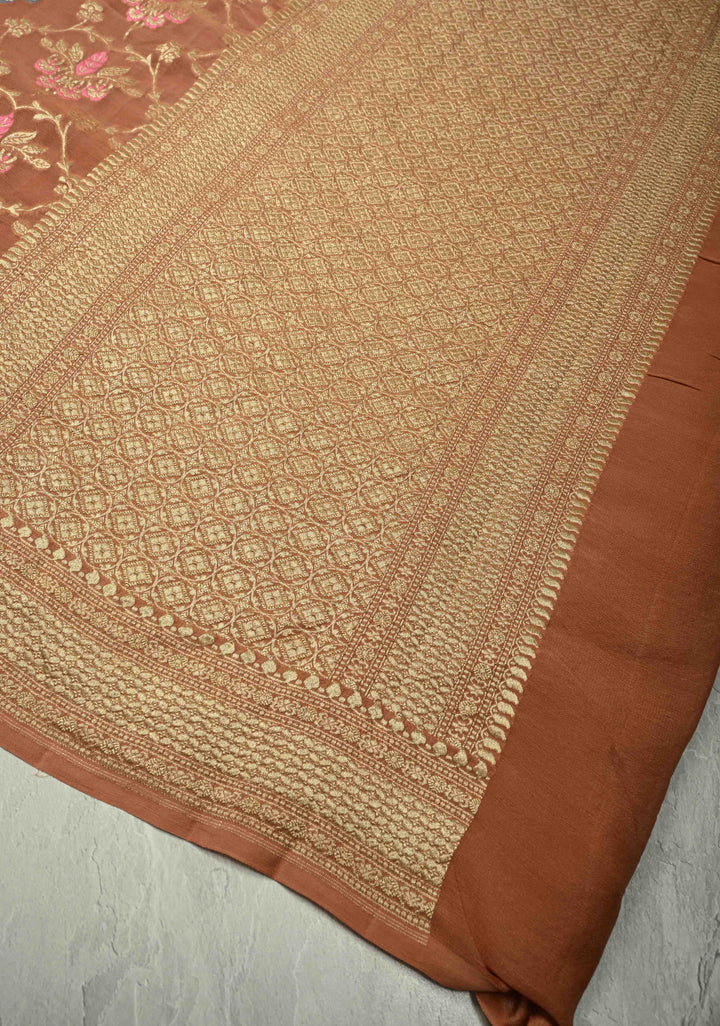 Authentic Sandstone Banarasi Silk Georgette Saree with Meenakari Trellis Floral Jaal and Zari Border | SILK MARK CERTIFIED