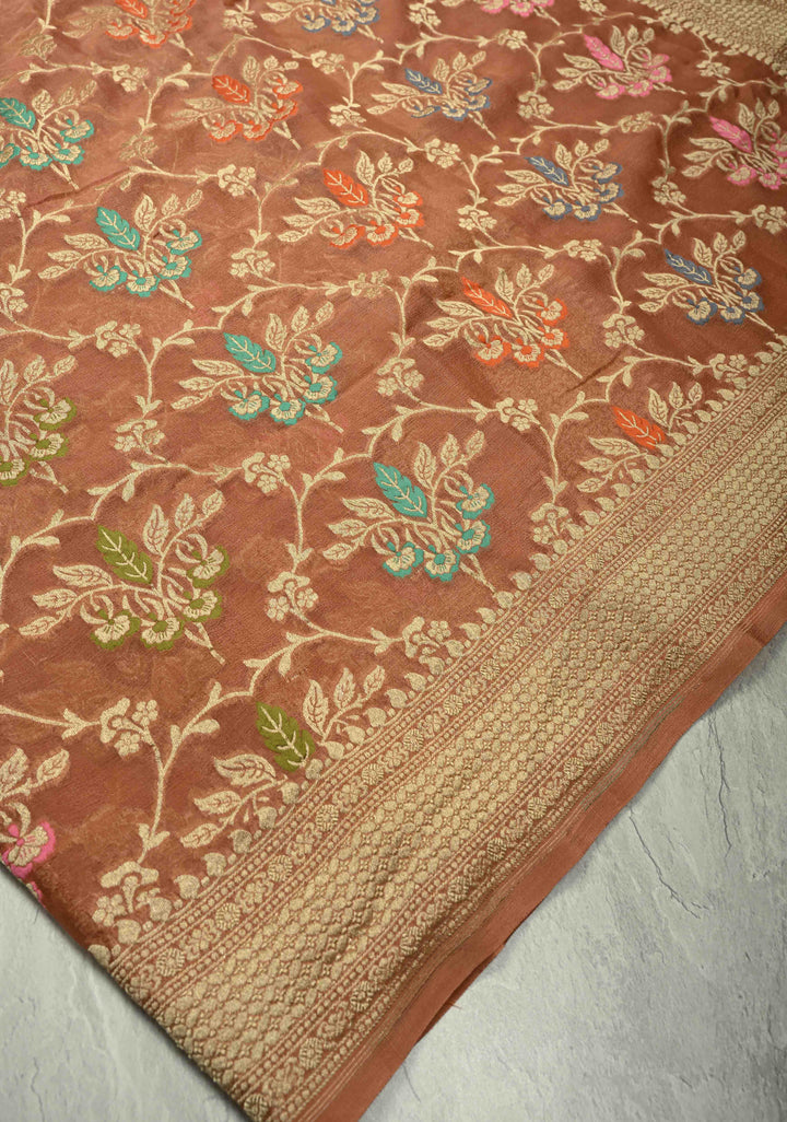 Authentic Sandstone Banarasi Silk Georgette Saree with Meenakari Trellis Floral Jaal and Zari Border | SILK MARK CERTIFIED