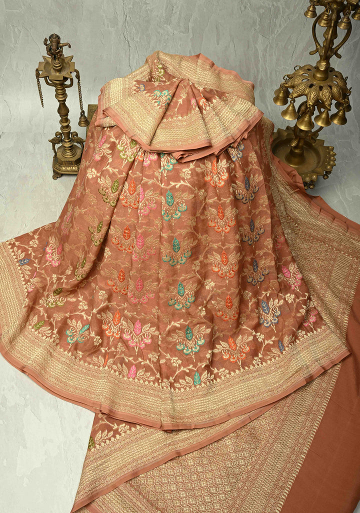 Authentic Sandstone Banarasi Silk Georgette Saree with Meenakari Trellis Floral Jaal and Zari Border | SILK MARK CERTIFIED