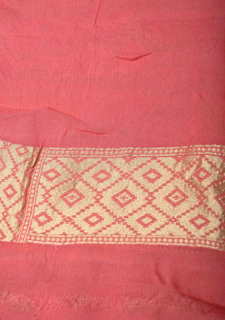 Authentic Dusty Rose Banarasi Silk Georgette Saree with Ikkat Patola Meenakari Jaal and Paithani Style Pallu | SILK MARK CERTIFIED