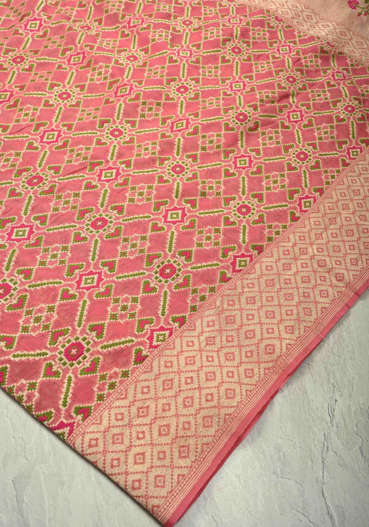 Authentic Dusty Rose Banarasi Silk Georgette Saree with Ikkat Patola Meenakari Jaal and Paithani Style Pallu | SILK MARK CERTIFIED