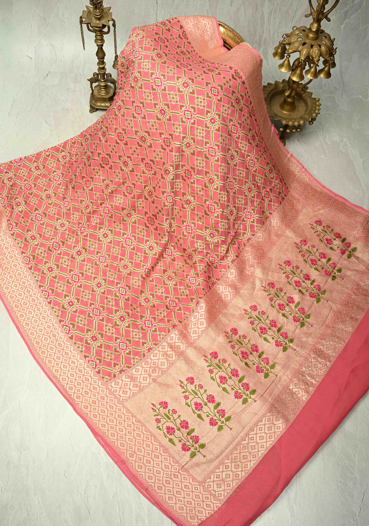 Authentic Dusty Rose Banarasi Silk Georgette Saree with Ikkat Patola Meenakari Jaal and Paithani Style Pallu | SILK MARK CERTIFIED