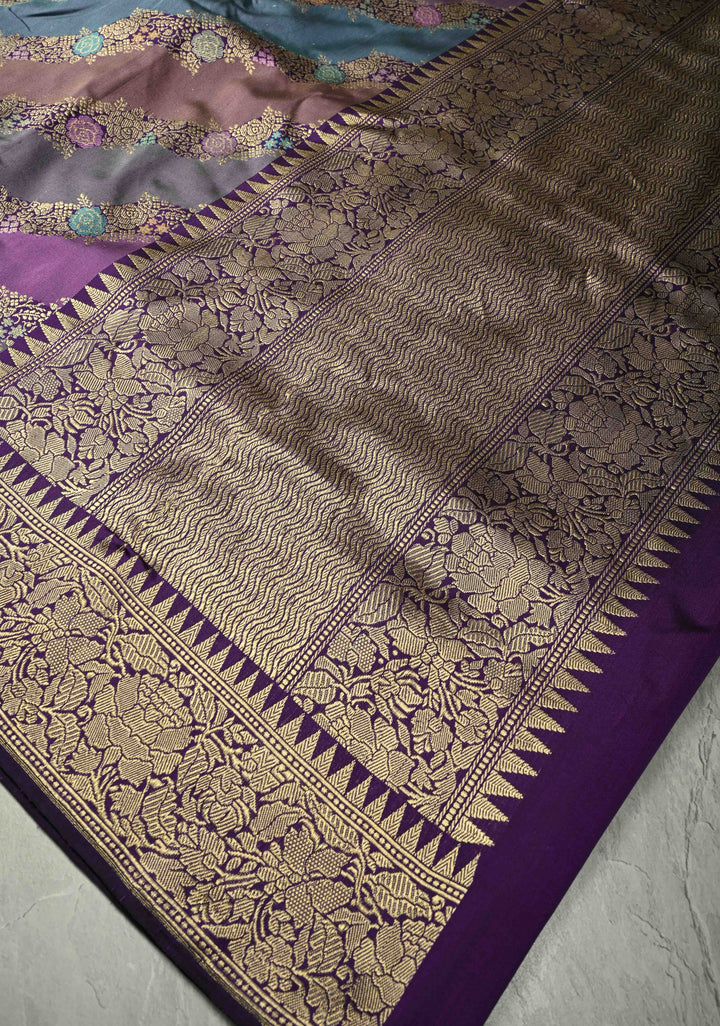 Rangkaat Kadhuwa Banarasi Silk Saree with Diagonal Zari stripes and zari Border | SILK MARK CERTIFIED