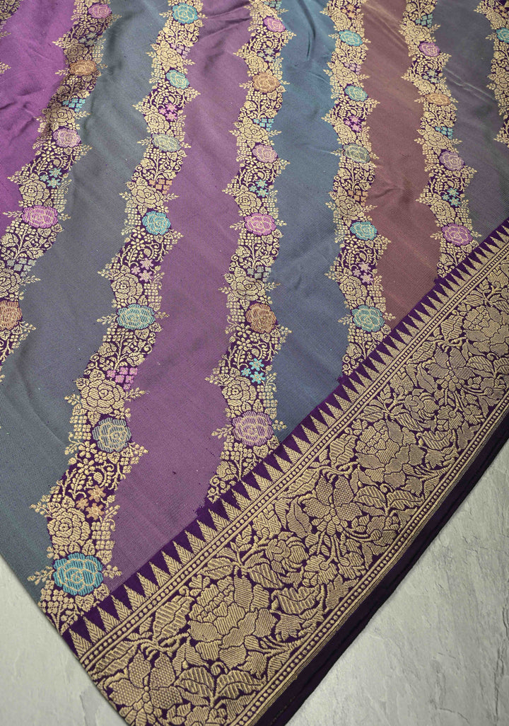 Rangkaat Kadhuwa Banarasi Silk Saree with Diagonal Zari stripes and zari Border | SILK MARK CERTIFIED