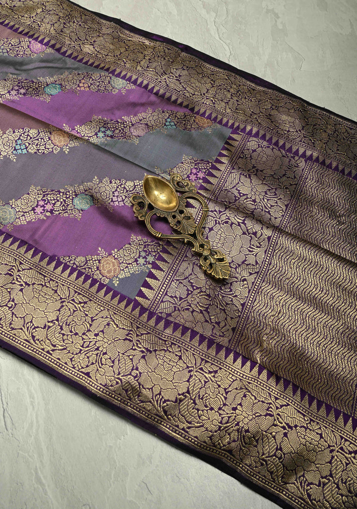 Rangkaat Kadhuwa Banarasi Silk Saree with Diagonal Zari stripes and zari Border | SILK MARK CERTIFIED
