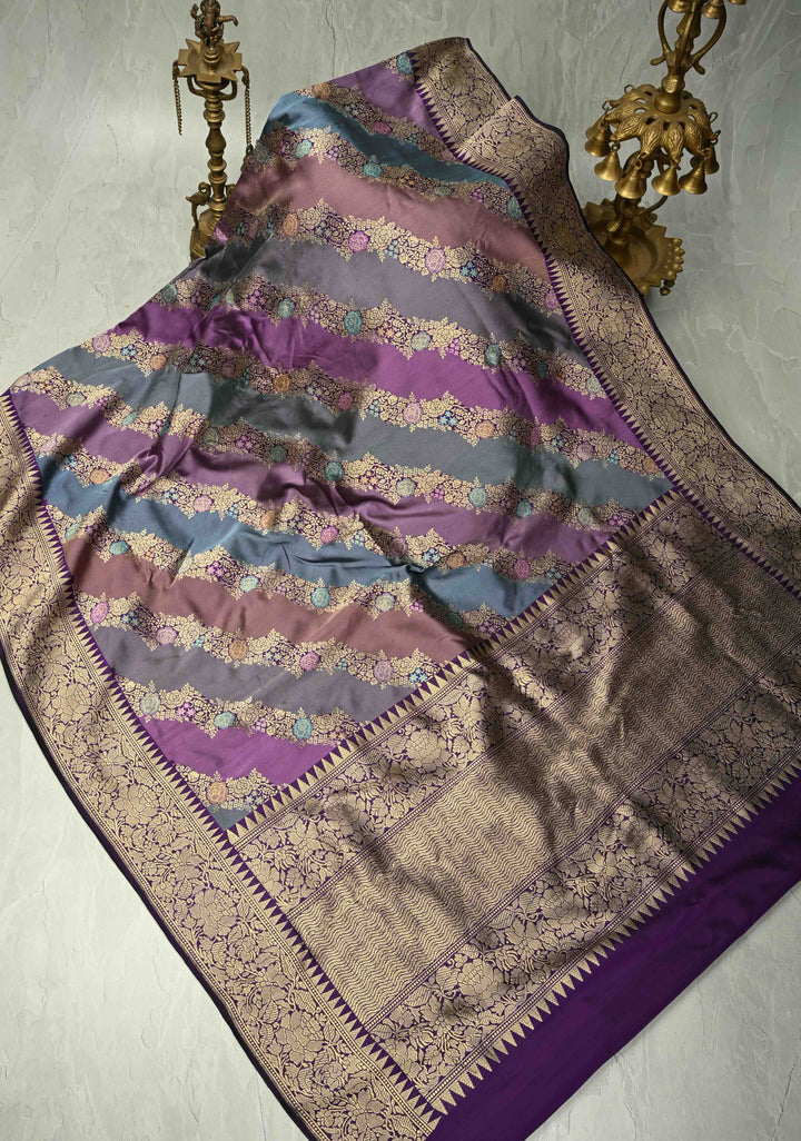Rangkaat Kadhuwa Banarasi Silk Saree with Diagonal Zari stripes and zari Border | SILK MARK CERTIFIED
