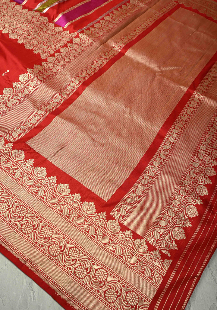 Deep Red Vertical Stripes Half  Rangkaat Banarasi Katan Silk Saree with Zari Butta on Panel Zari Border | SILK MARK CERTIFIED