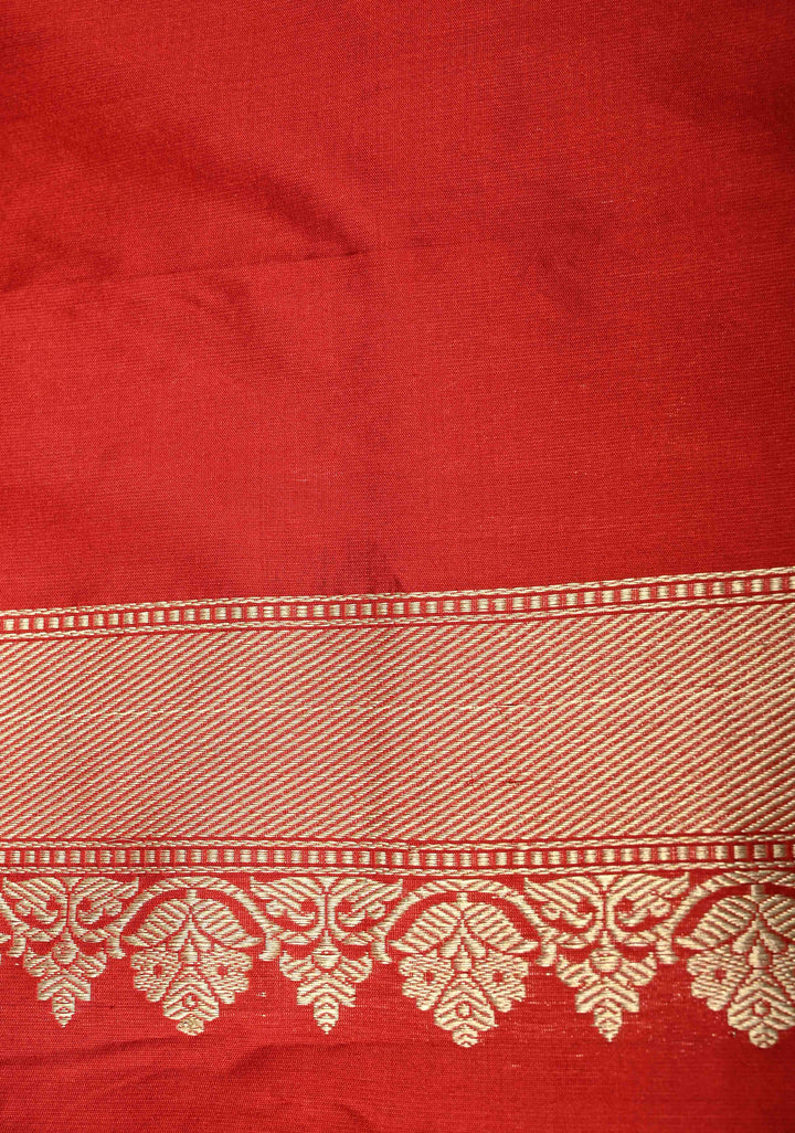 Deep Red Vertical Stripes Half  Rangkaat Banarasi Katan Silk Saree with Zari Butta on Panel Zari Border | SILK MARK CERTIFIED