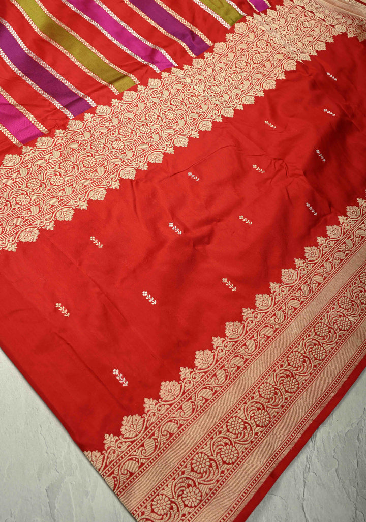 Deep Red Vertical Stripes Half  Rangkaat Banarasi Katan Silk Saree with Zari Butta on Panel Zari Border | SILK MARK CERTIFIED