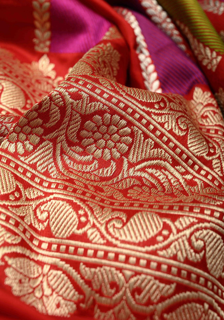 Deep Red Vertical Stripes Half  Rangkaat Banarasi Katan Silk Saree with Zari Butta on Panel Zari Border | SILK MARK CERTIFIED