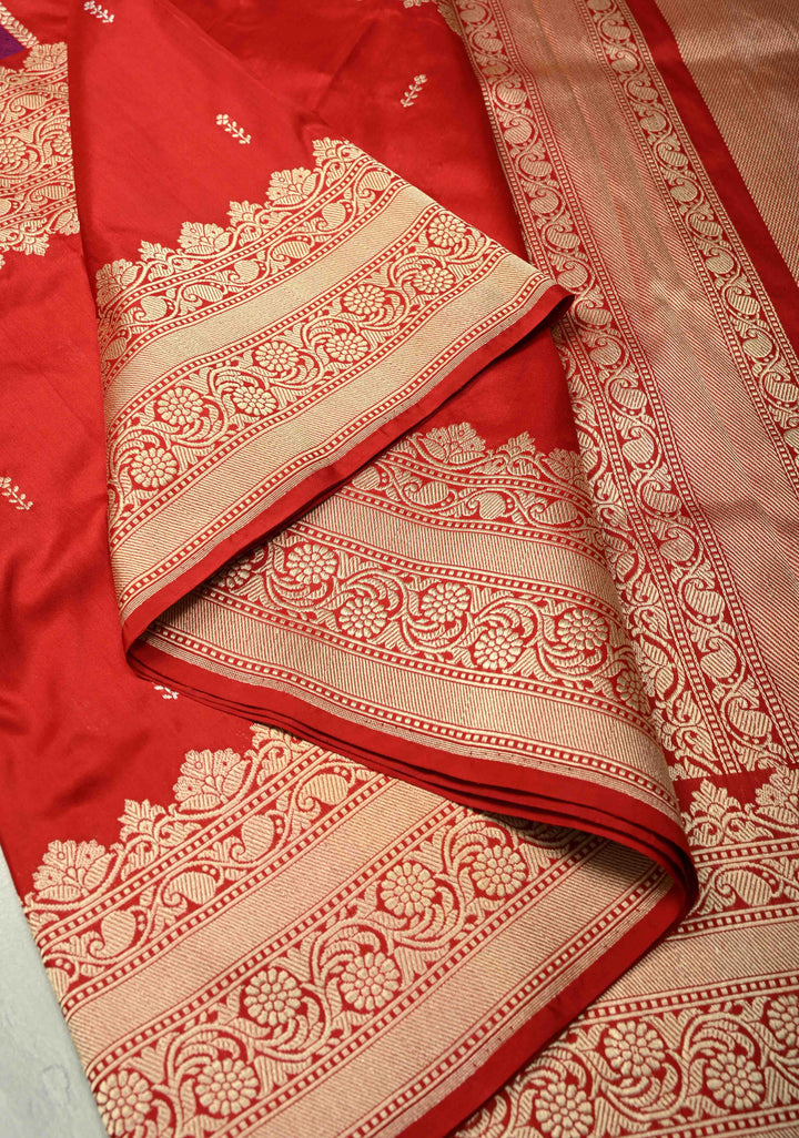 Deep Red Vertical Stripes Half  Rangkaat Banarasi Katan Silk Saree with Zari Butta on Panel Zari Border | SILK MARK CERTIFIED