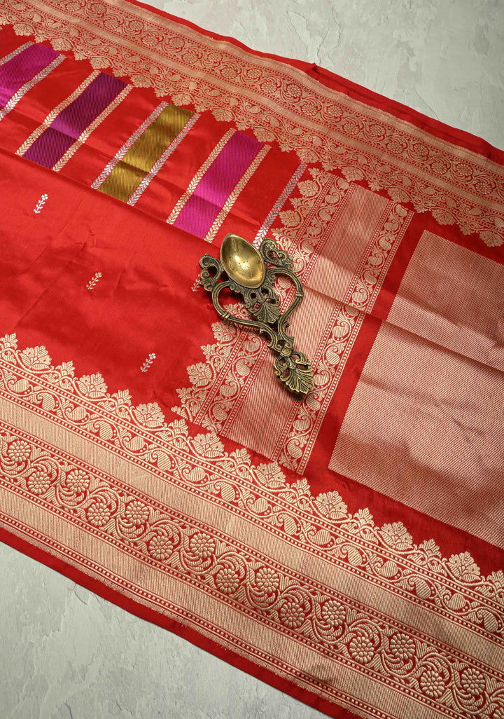 Deep Red Vertical Stripes Half  Rangkaat Banarasi Katan Silk Saree with Zari Butta on Panel Zari Border | SILK MARK CERTIFIED