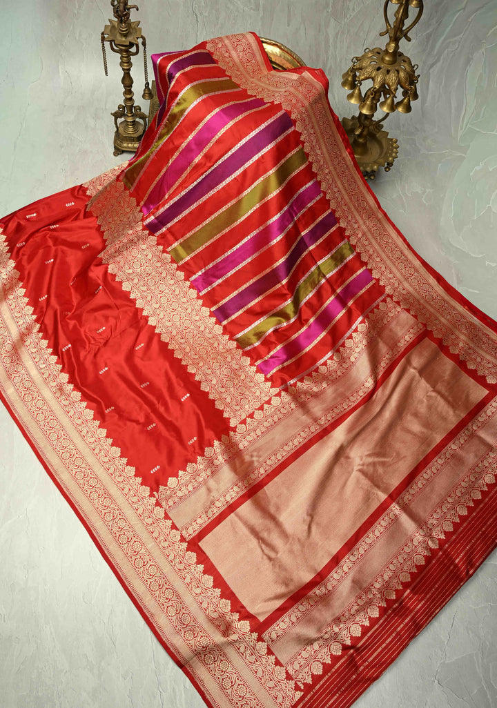 Deep Red Vertical Stripes Half  Rangkaat Banarasi Katan Silk Saree with Zari Butta on Panel Zari Border | SILK MARK CERTIFIED