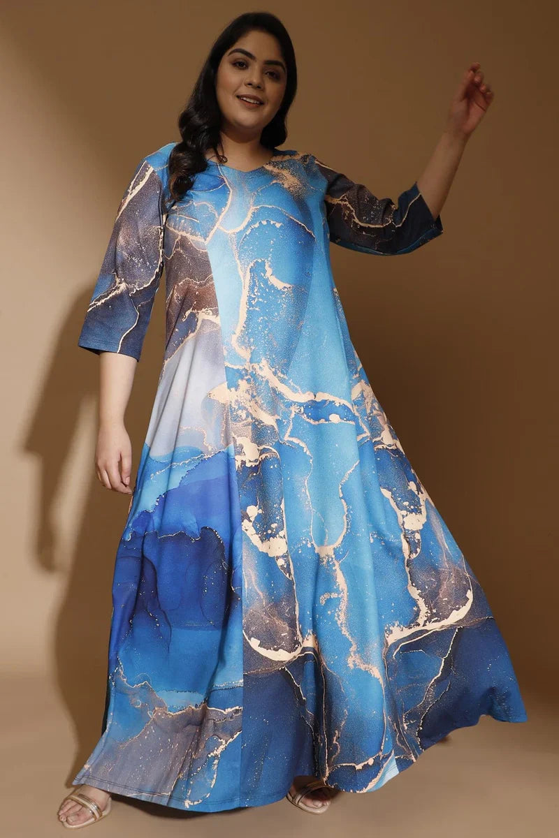 Golddust Printed Blue Plus Size Maxi Dress in Polyester Spandex Fabric for  Women Made to Order - Main Image