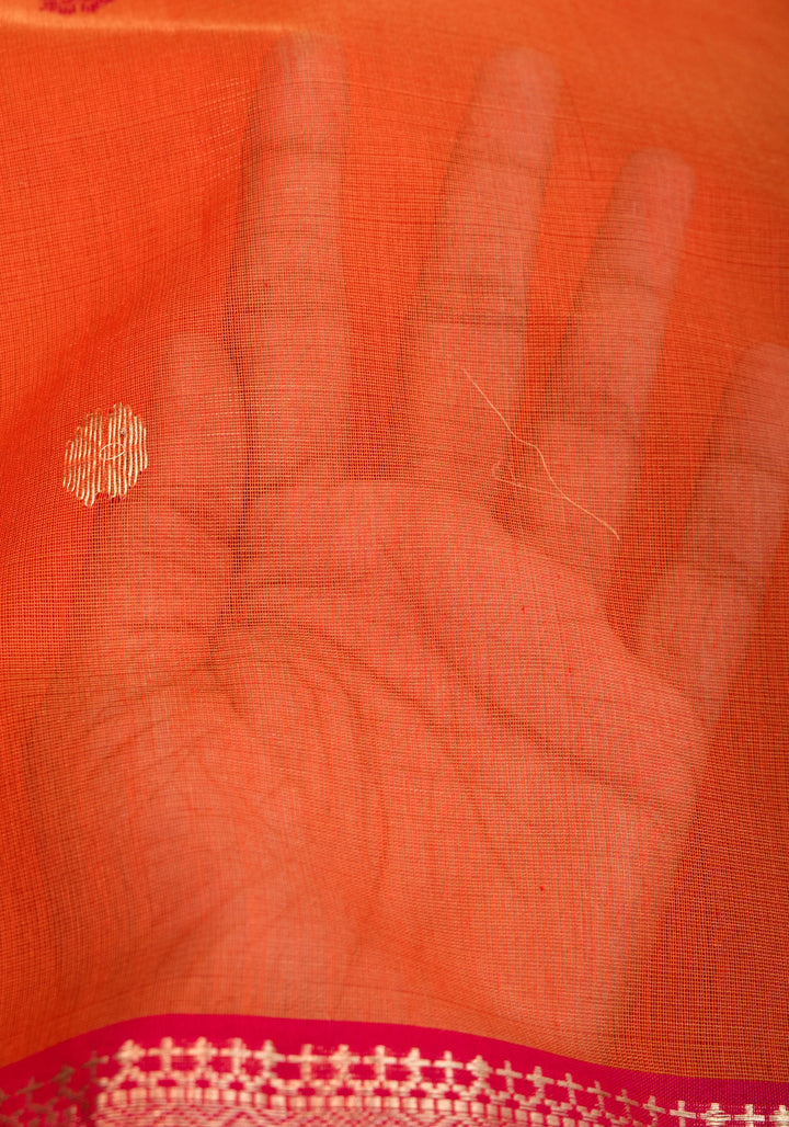 Handwoven Maheshwari Silk Cotton Saree in Orange and Pink Combination with Zari Border