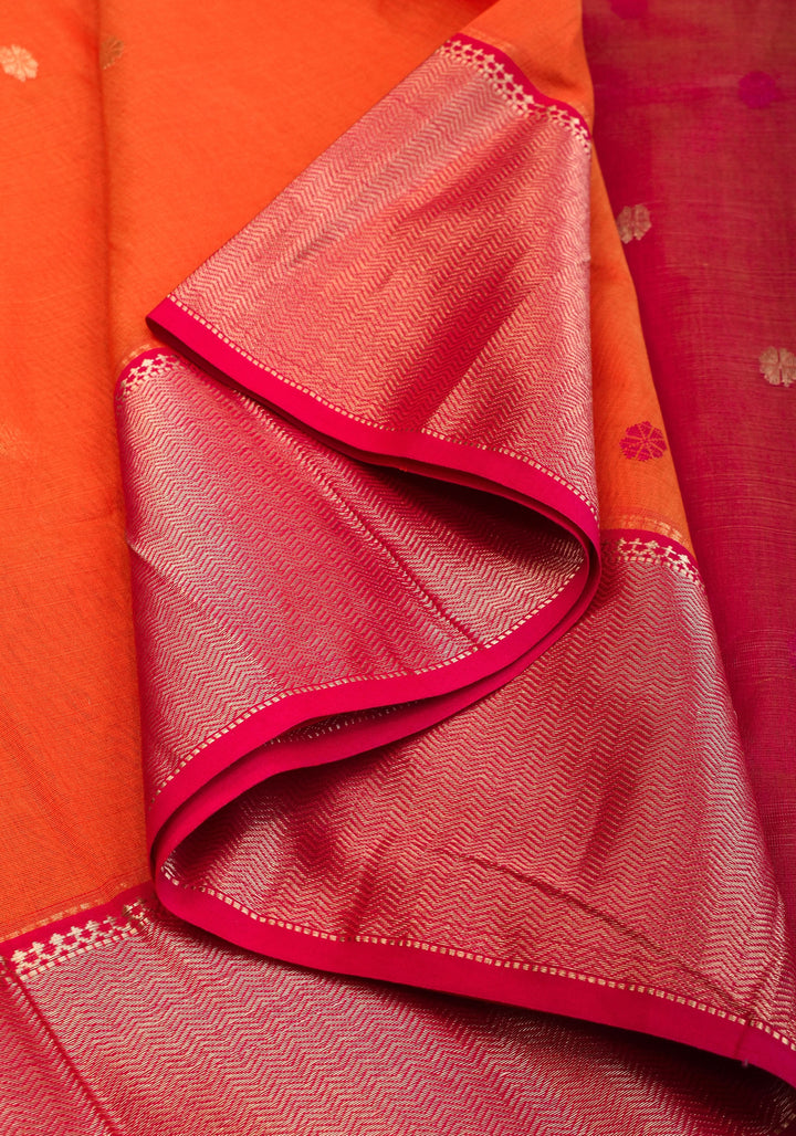 Handwoven Maheshwari Silk Cotton Saree in Orange and Pink Combination with Zari Border
