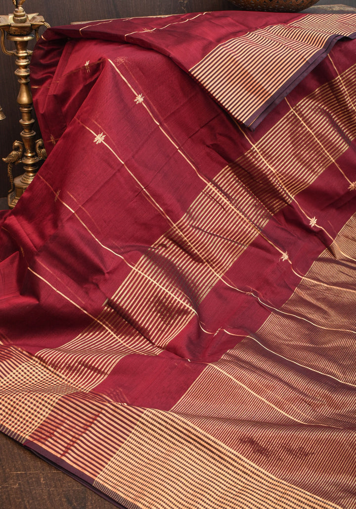 Maheshwari Silk Cotton Saree in Maroon with Stripes and Buttas
