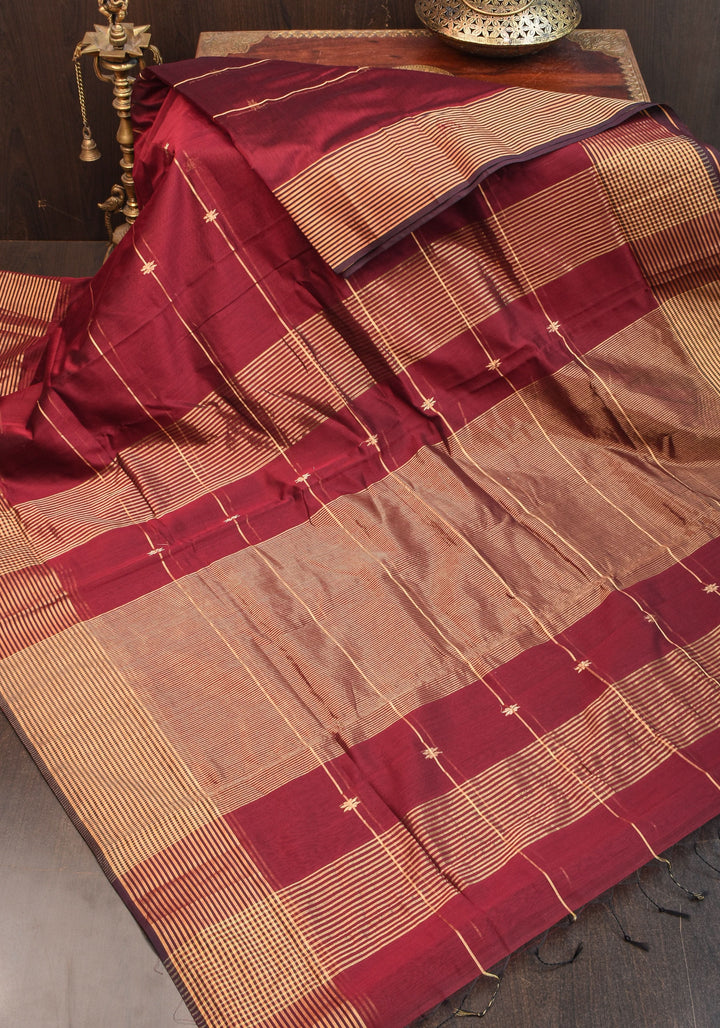 Maheshwari Silk Cotton Saree in Maroon with Stripes and Buttas