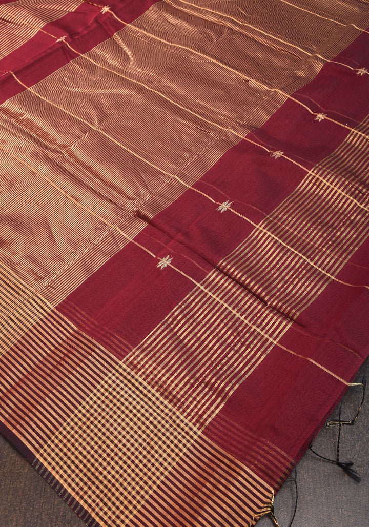 Maheshwari Silk Cotton Saree in Maroon with Stripes and Buttas