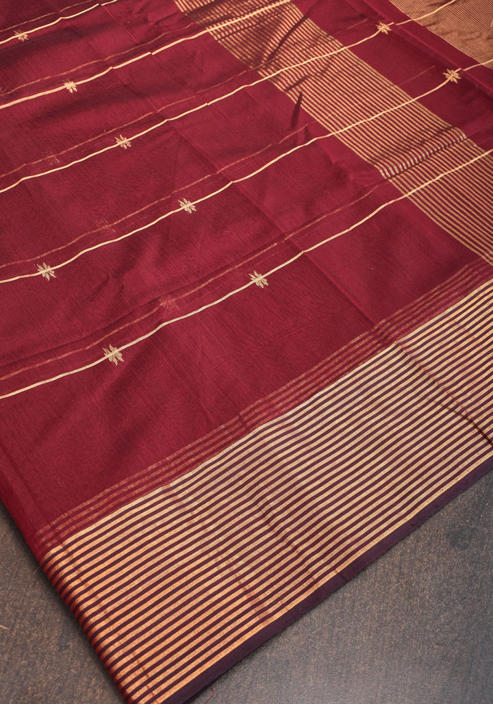 Maheshwari Silk Cotton Saree in Maroon with Stripes and Buttas