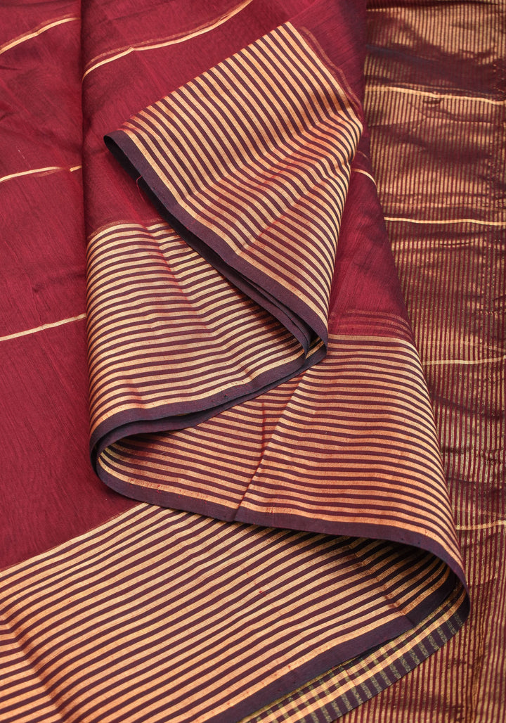 Maheshwari Silk Cotton Saree in Maroon with Stripes and Buttas