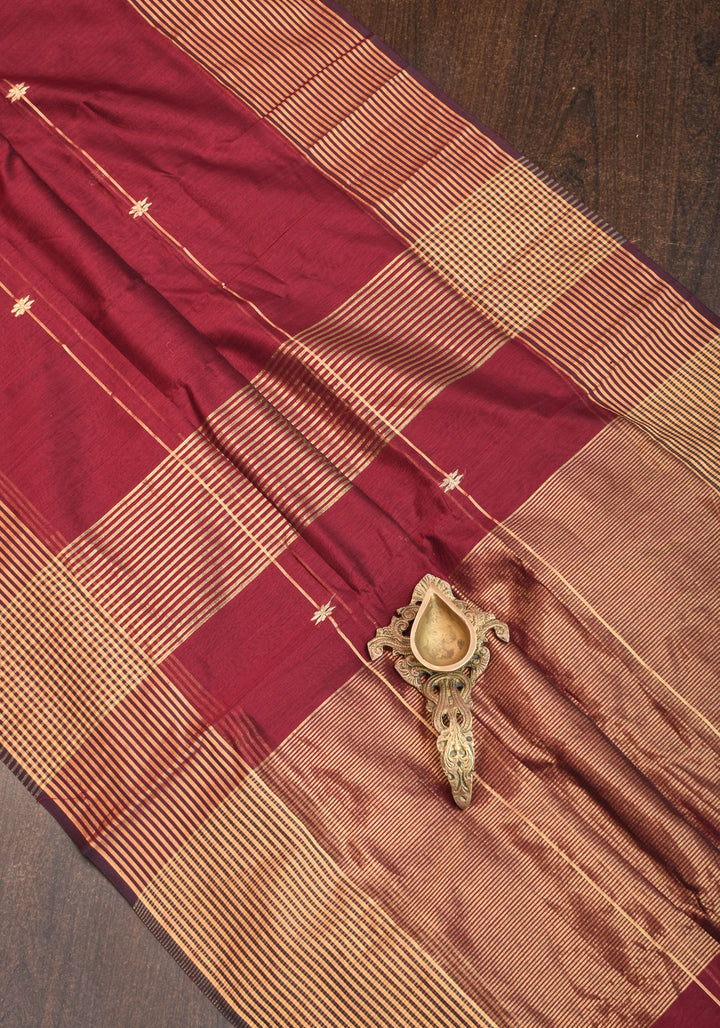 Maheshwari Silk Cotton Saree in Maroon with Stripes and Buttas