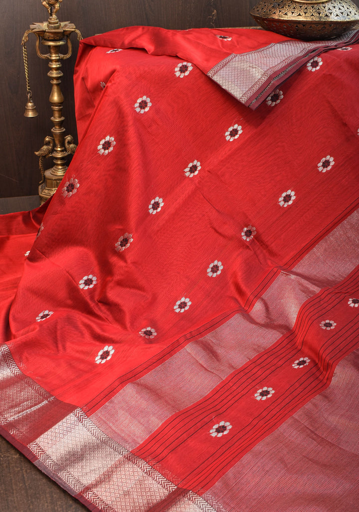 Exquisite Meenakari Handwoven Maheshwari Silk Cotton Saree in Red with meenakari buttas