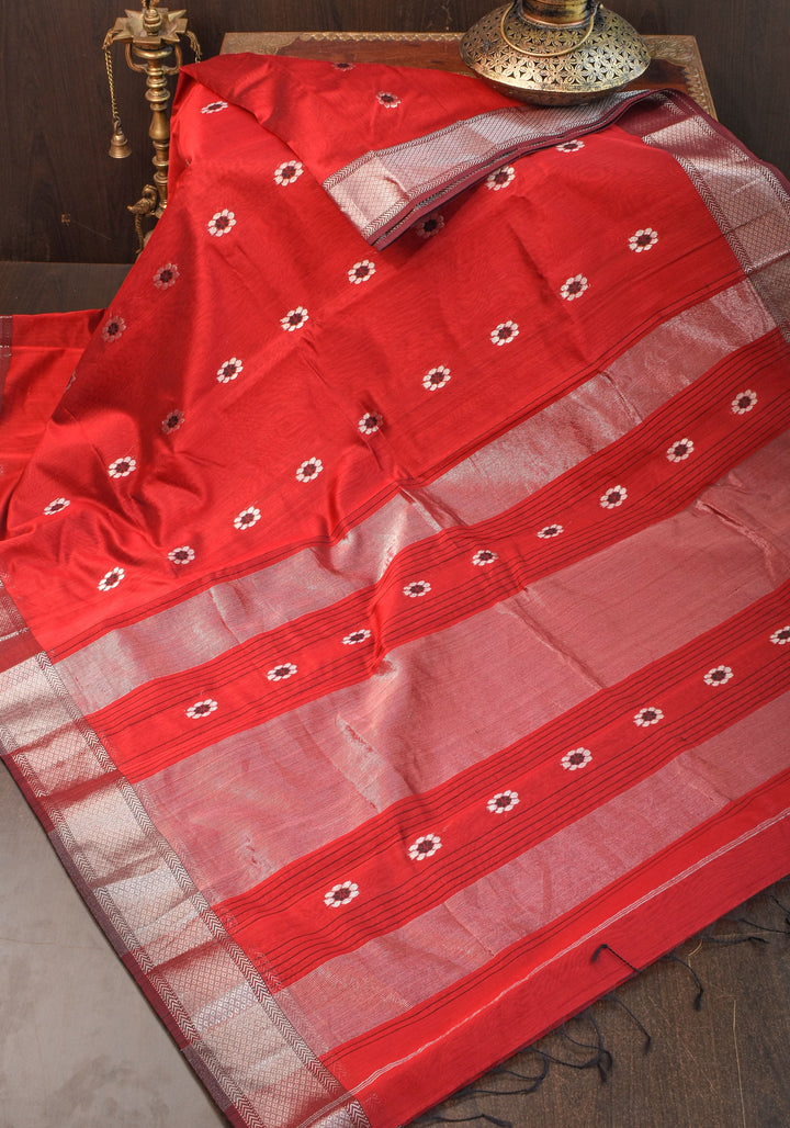 Exquisite Meenakari Handwoven Maheshwari Silk Cotton Saree in Red with meenakari buttas