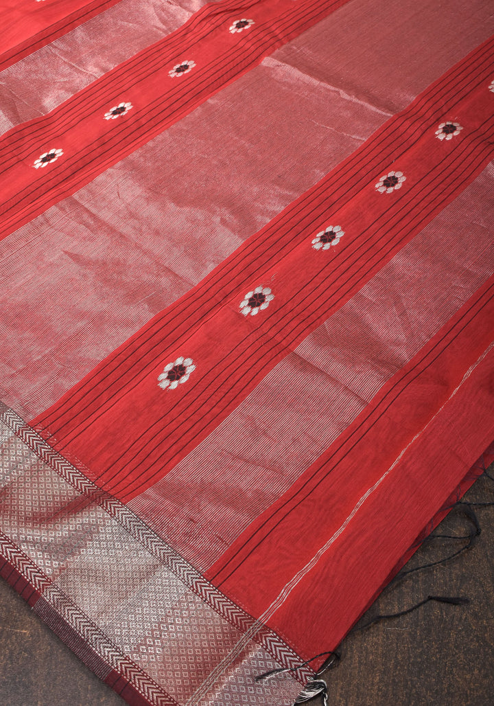 Exquisite Meenakari Handwoven Maheshwari Silk Cotton Saree in Red with meenakari buttas