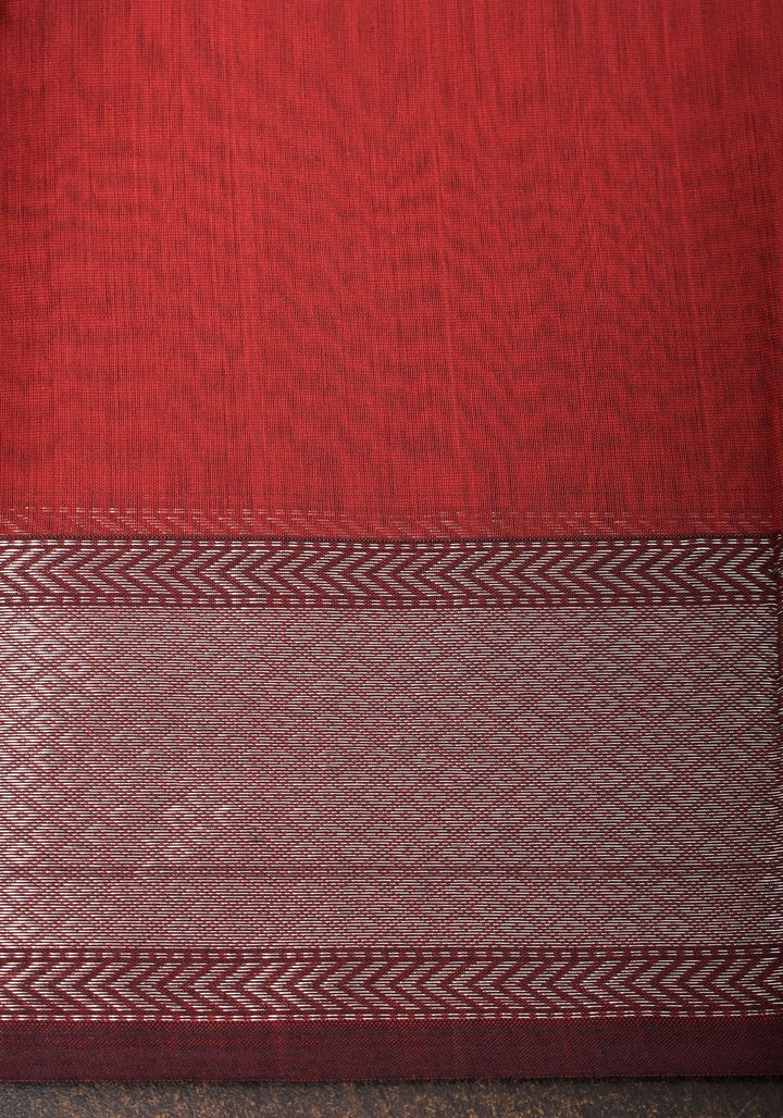 Exquisite Meenakari Handwoven Maheshwari Silk Cotton Saree in Red with meenakari buttas