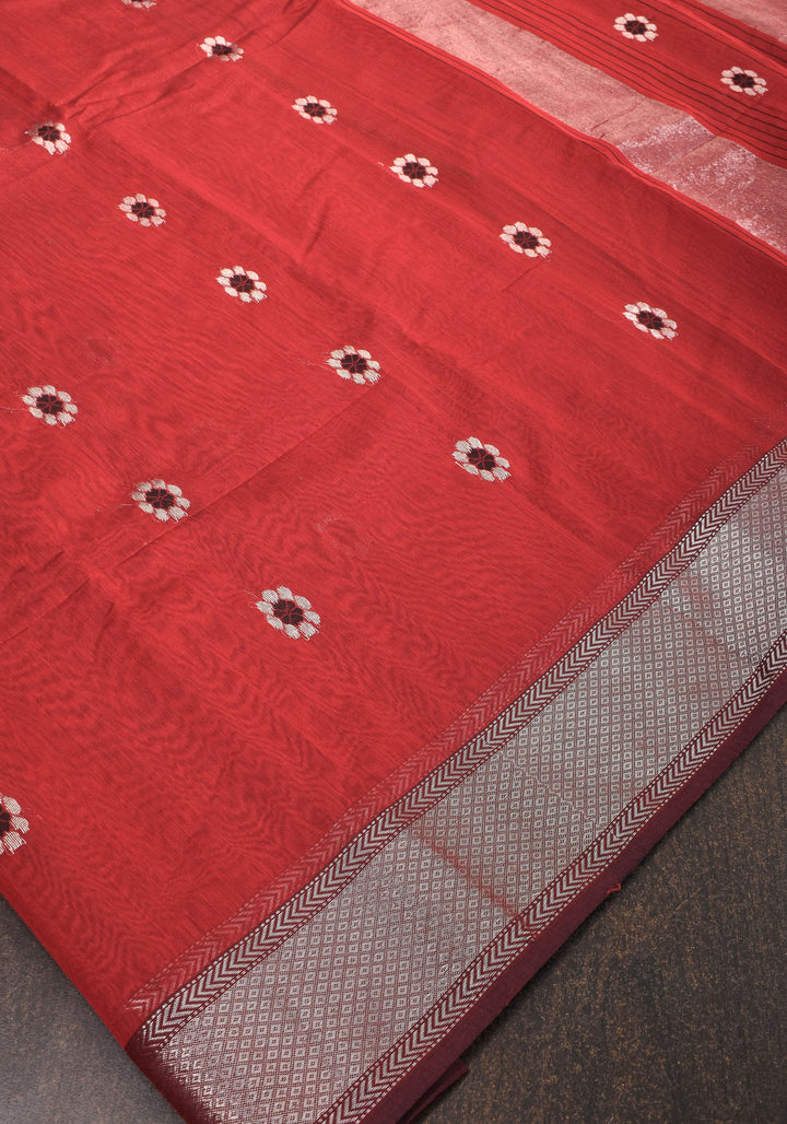 Exquisite Meenakari Handwoven Maheshwari Silk Cotton Saree in Red with meenakari buttas