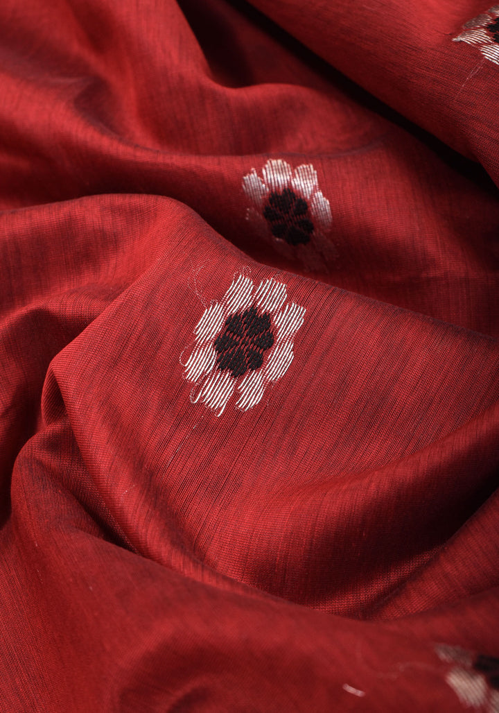 Exquisite Meenakari Handwoven Maheshwari Silk Cotton Saree in Red with meenakari buttas