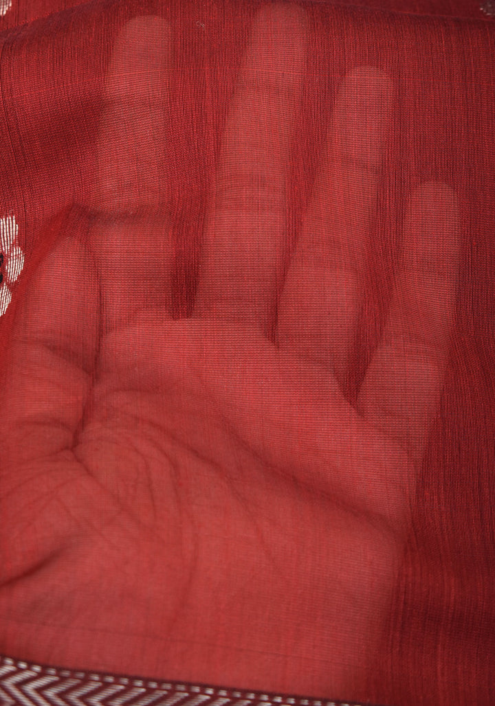 Exquisite Meenakari Handwoven Maheshwari Silk Cotton Saree in Red with meenakari buttas