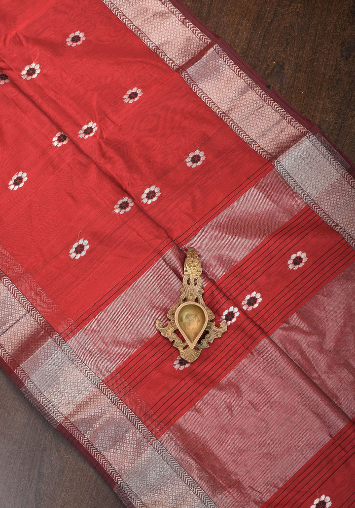 Exquisite Meenakari Handwoven Maheshwari Silk Cotton Saree in Red with meenakari buttas